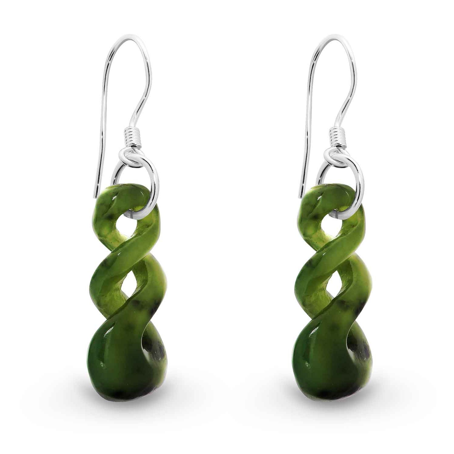 Pounamu Double Twist Infinity Earrings. NZ Pounamu or Greenstone earrings with sterling silver fittings  Carved in NZ Greenstone Sterling Silver hook fitting Gift Boxed 5 Year Written Guarantee Oxipay is simply the easier way to pay - use Oxipay and @chri